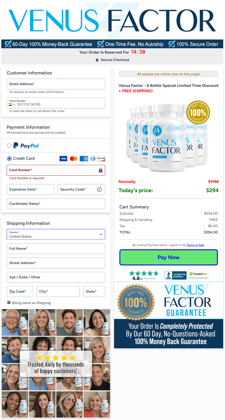 Venus Factor secure encrypted checkout page — order safely online